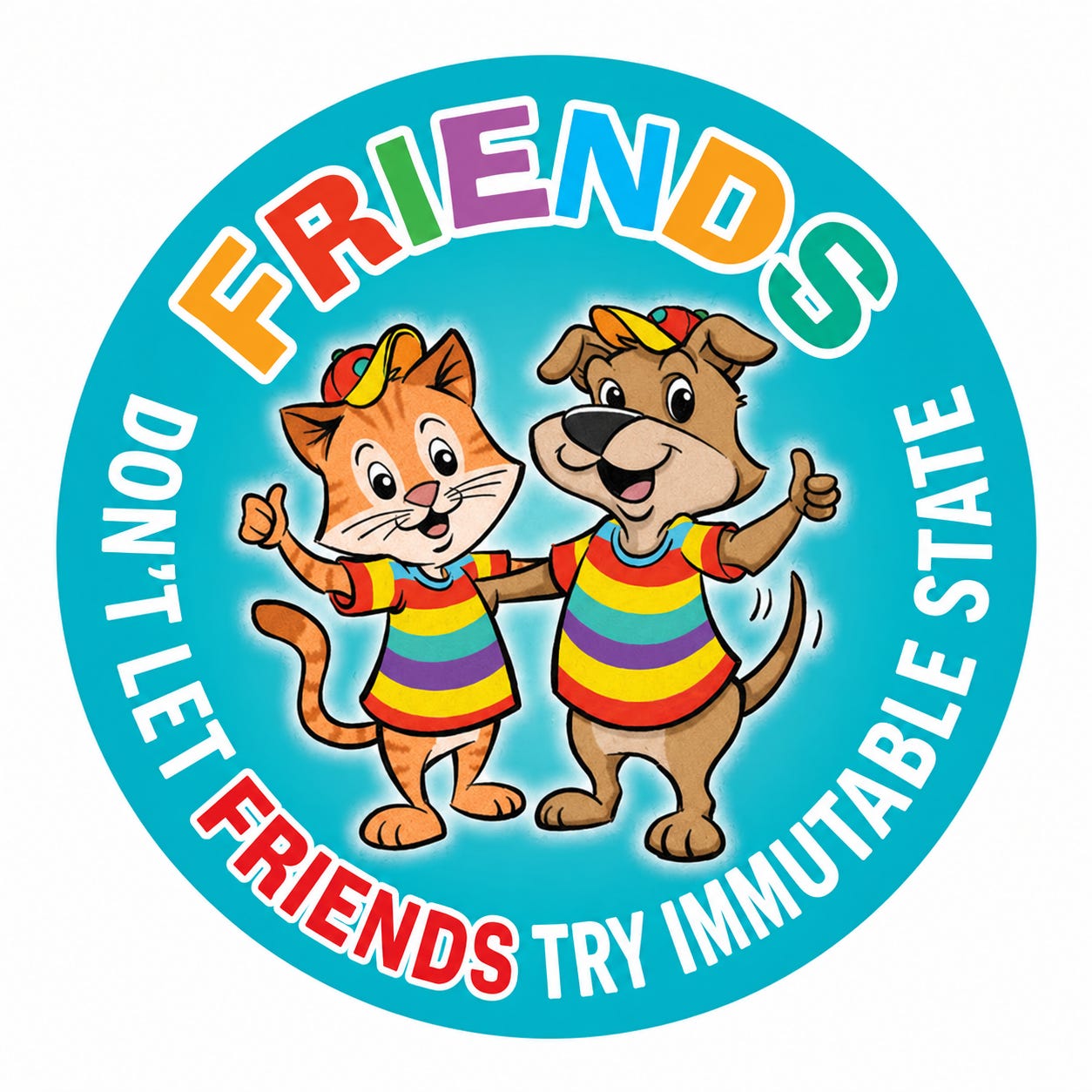 A round kids’ sticker: a cartoon cat and dog in rainbow shirts give a thumbs up under the word “FRIENDS”, ringed by the text “DON’T LET FRIENDS TRY IMMUTABLE STATE”. A round kids’ sticker: a cartoon cat and dog in rainbow shirts give a thumbs up under the word “FRIENDS”, ringed by the text “DON’T LET FRIENDS TRY IMMUTABLE STATE”.
