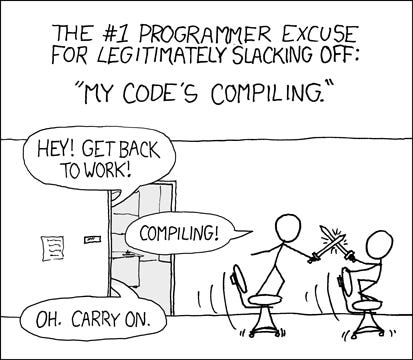 Two stick figures sword-fight in office chairs while their code compiles; caption: “The #1 programmer excuse for legitimately slacking off: ‘My code’s compiling.’” Two stick figures sword-fight in office chairs while their code compiles; caption: “The #1 programmer excuse for legitimately slacking off: ‘My code’s compiling.’”