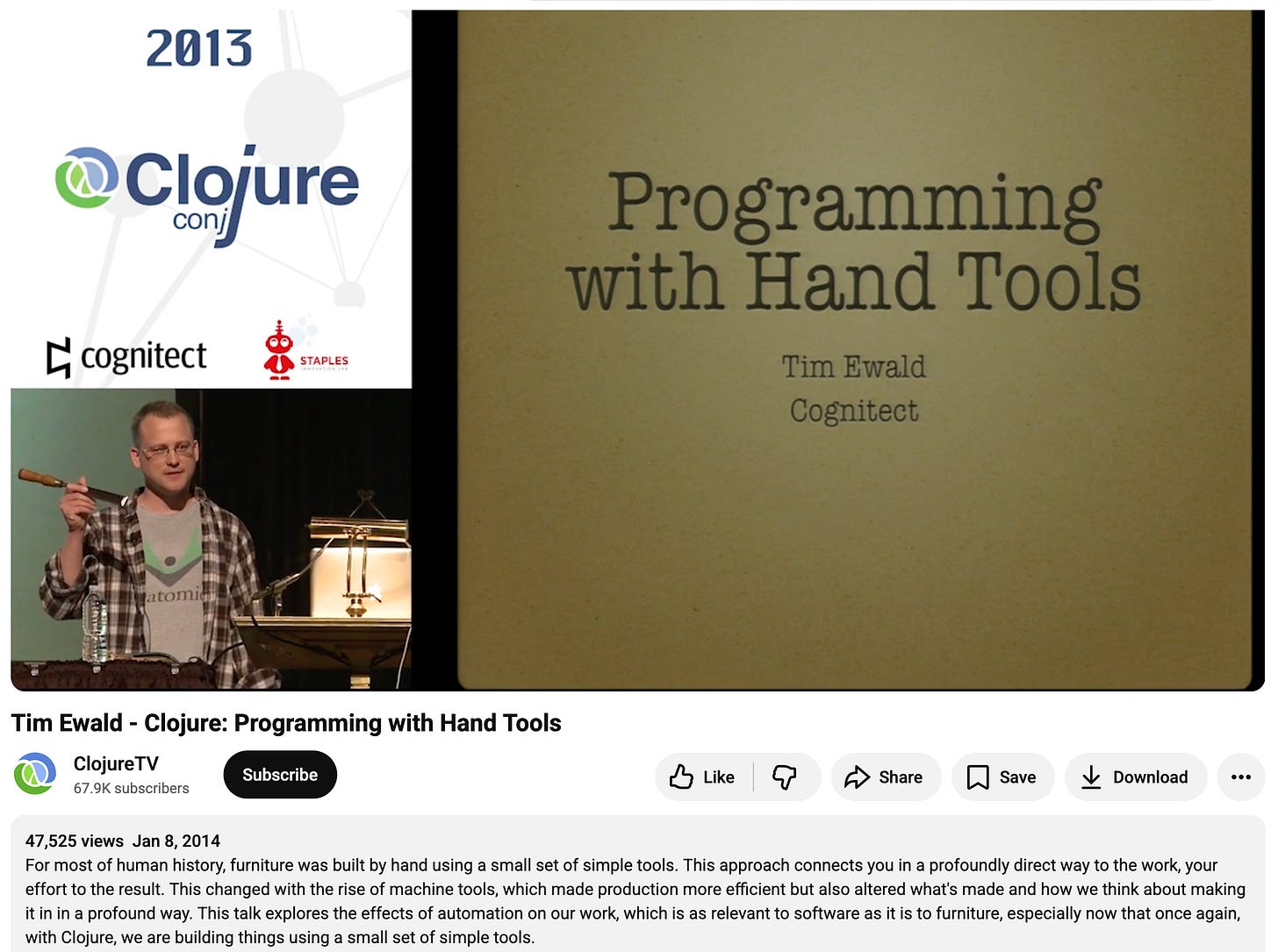 Tim Ewald’s “Clojure: Programming with Hand Tools” talk at Clojure/conj 2013 — Ewald onstage holding a chisel beside a slide reading “Programming with Hand Tools.” Tim Ewald’s “Clojure: Programming with Hand Tools” talk at Clojure/conj 2013 — Ewald onstage holding a chisel beside a slide reading “Programming with Hand Tools.”