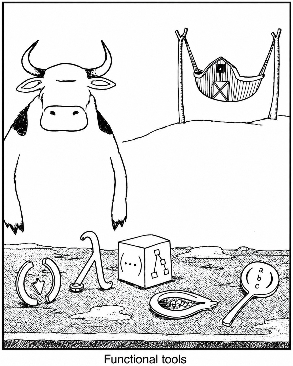 A cartoon in the style of Gary Larson’s “Cow tools”: a cow stands behind a table of crude implements — a lambda, a cube marked with a list and a tree, a magnifying glass reading “a b c” — with a barn slung in a hammock behind it. Caption: “Functional tools”. A cartoon in the style of Gary Larson’s “Cow tools”: a cow stands behind a table of crude implements — a lambda, a cube marked with a list and a tree, a magnifying glass reading “a b c” — with a barn slung in a hammock behind it. Caption: “Functional tools”.